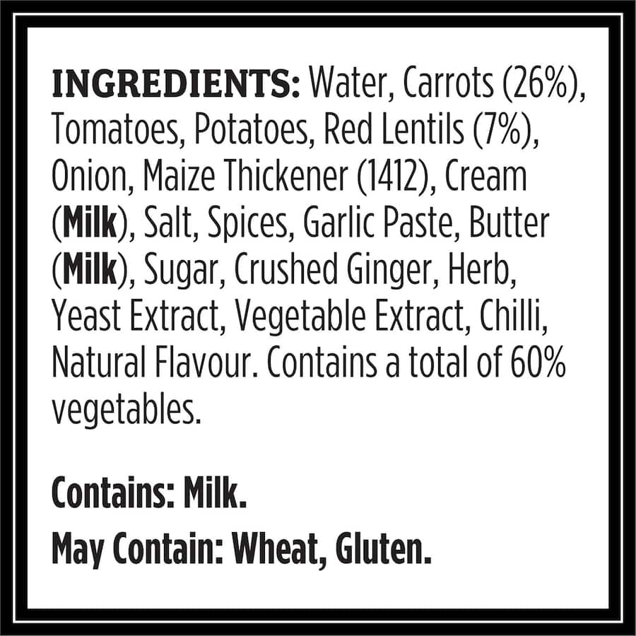 Canned Spiced Carrot & Lentil soup with aromatic spices, nutritious ingredients, and 3 servings of vegetables per can.