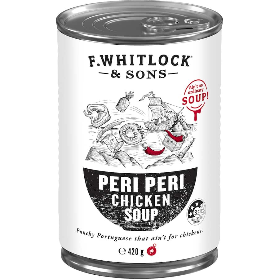 F Whitlocks & Sons Peri Peri Chicken Canned Soup featuring bold flavors, juicy chicken, and no artificial ingredients.