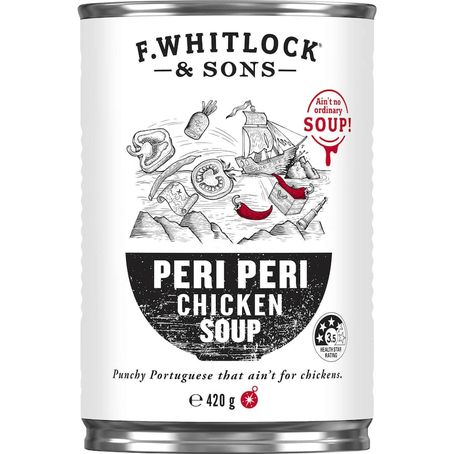 Canned peri peri chicken soup with bold Portuguese spices, protein-rich, no artificial additives, and 1.5 servings of vegetables.