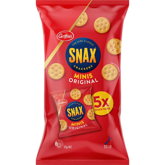 Griffin's Snax Crackers Minis Original 125g pack featuring crunchy, versatile snacks, ideal for lunches, picnics, or dips.