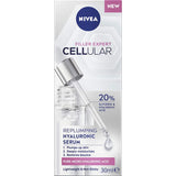 Lightweight Nivea Cellular Serum with hyaluronic acid for plump, hydrated skin; ideal base for makeup and suitable for all skin types.