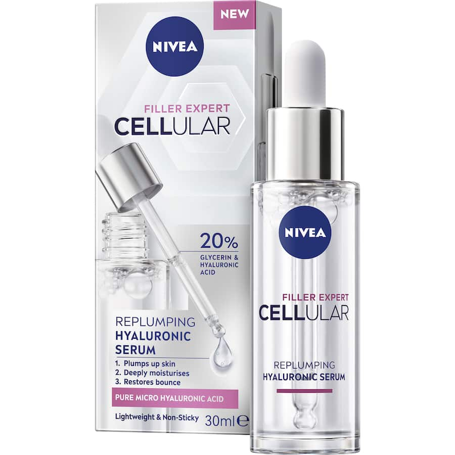 NIVEA Cellular Serum bottle with a lightweight, fast-absorbing formula for hydrated, plump, and youthful skin.