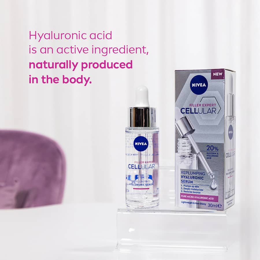 NIVEA Cellular Serum: Lightweight hydrating formula with hyaluronic acid for plump, smooth skin; suitable for all skin types.