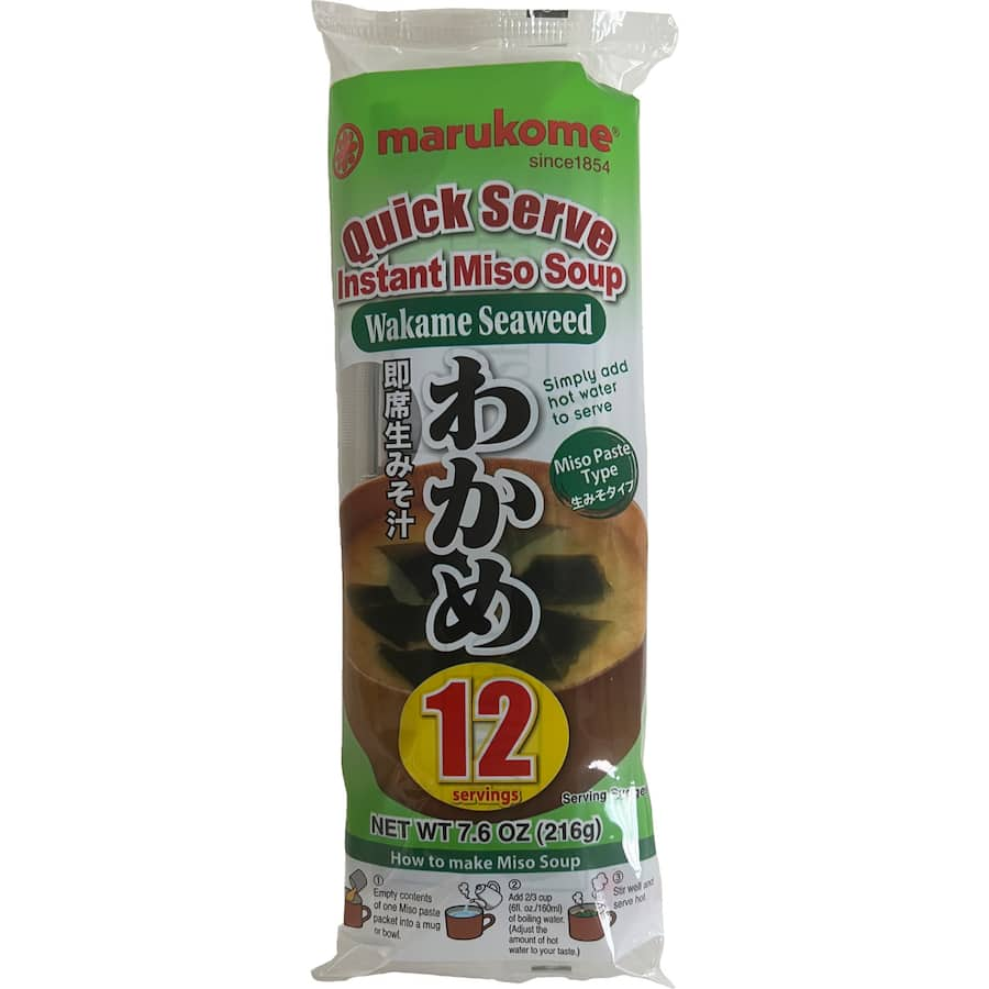 Marukome Instant Miso Soup with Nama Wakame, gluten-free, quick to prepare, rich in umami flavor and nutrients.