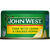 A can of John West Tempters Tuna in Lemon & Cracked Pepper, showcasing flavorful tuna flakes with a zesty seasoning blend.
