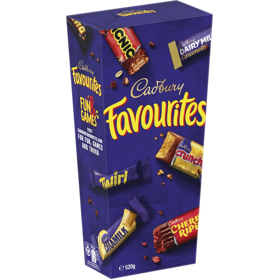 Cadbury Chocolate Box Favourites featuring miniatures of Dairy Milk, Crunchie, and Flake for sharing or indulging alone.