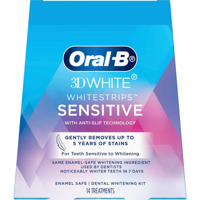 Oral-B 3D White Tooth Whitening Whitestrips for sensitive teeth, gently removing stains for a brighter smile in 7 days.