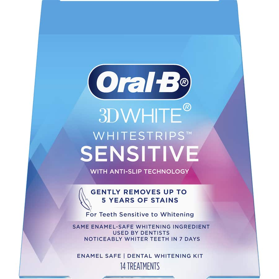 Oral-B 3D White Whitening Strips for sensitive teeth, gently lifting stains for a bright smile in just 7 days.