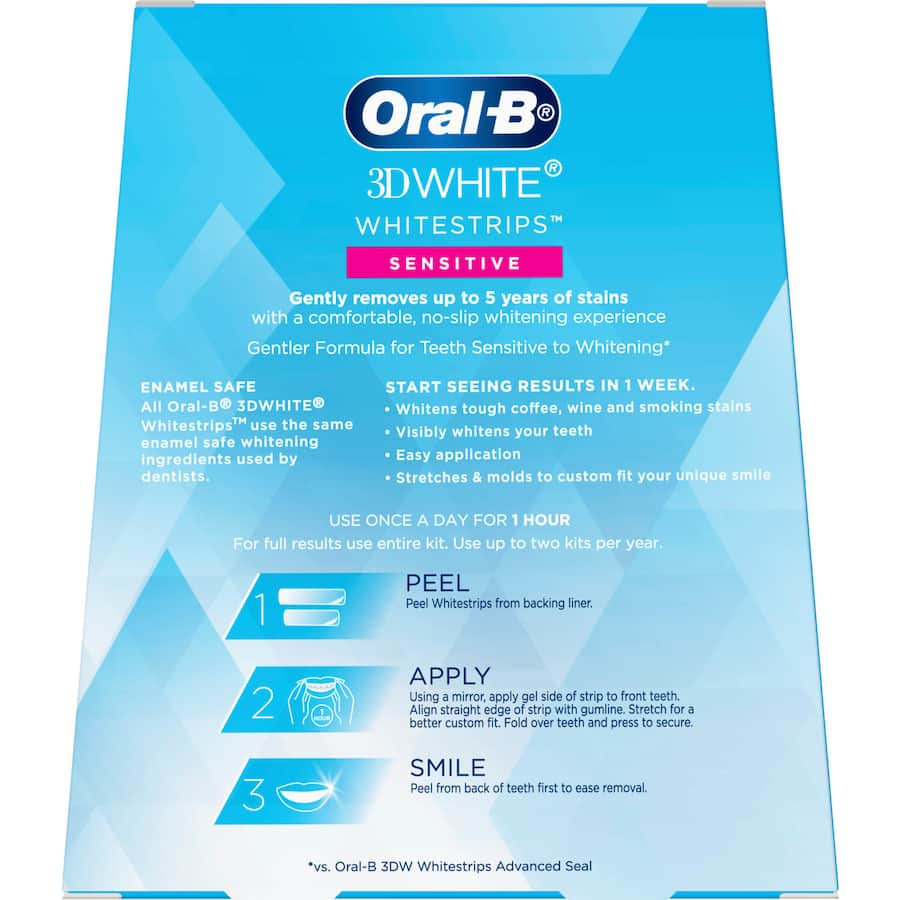 Oral-B 3D White Whitestrips for sensitive teeth, gently whitening for a brighter smile in just 7 days.