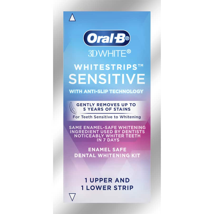 Oral-B 3D White Sensitive Whitening Strips for gentle, effective teeth whitening, achieving a radiant smile in 7 days.