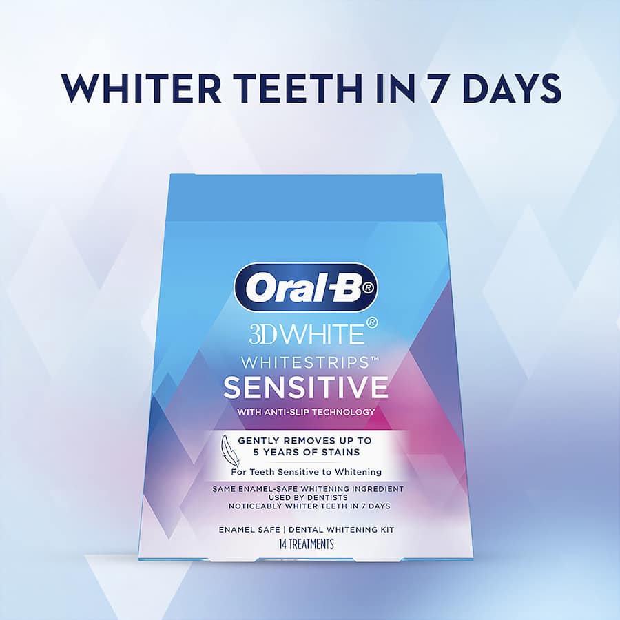 Oral-B 3D White Whitestrips Sensitive for gentle, effective teeth whitening, designed for sensitive teeth, results in 7 days.