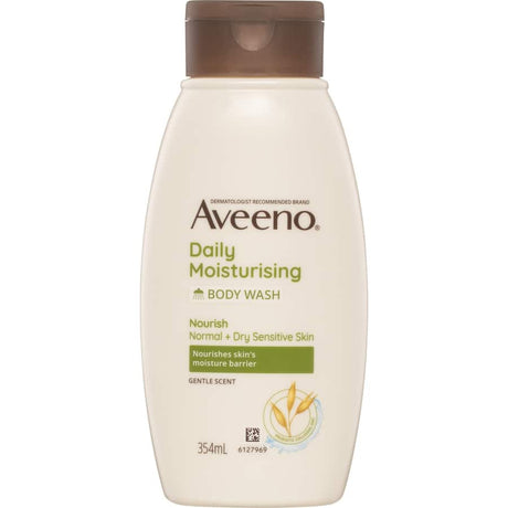 Aveeno Active Naturals Body Wash for sensitive skin, infused with prebiotic oat, gently cleanses and hydrates without irritation.