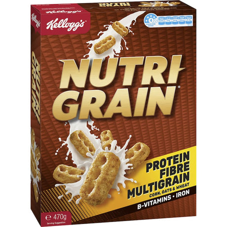 A bowl of Kellogg's Nutri-Grain Cereal, packed with whole grains, protein, and essential vitamins for a nutritious breakfast.