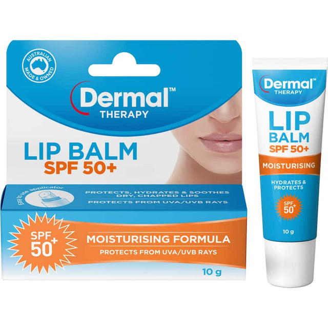 Dermal Therapy Lip Balm SPF 50+ protects and hydrates lips with broad-spectrum sunscreen, ideal for extreme dryness.