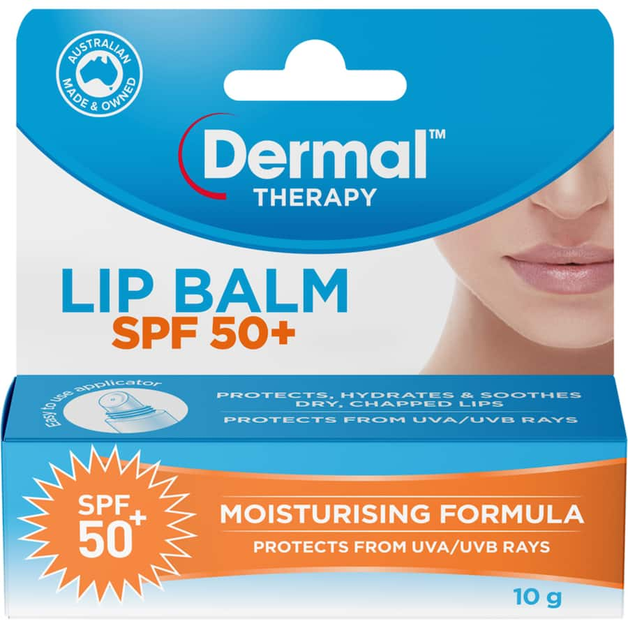 Dermal Therapy Lip Balm SPF 50+ for intense hydration, sun protection, and relief from extreme dryness, in a 10g size.