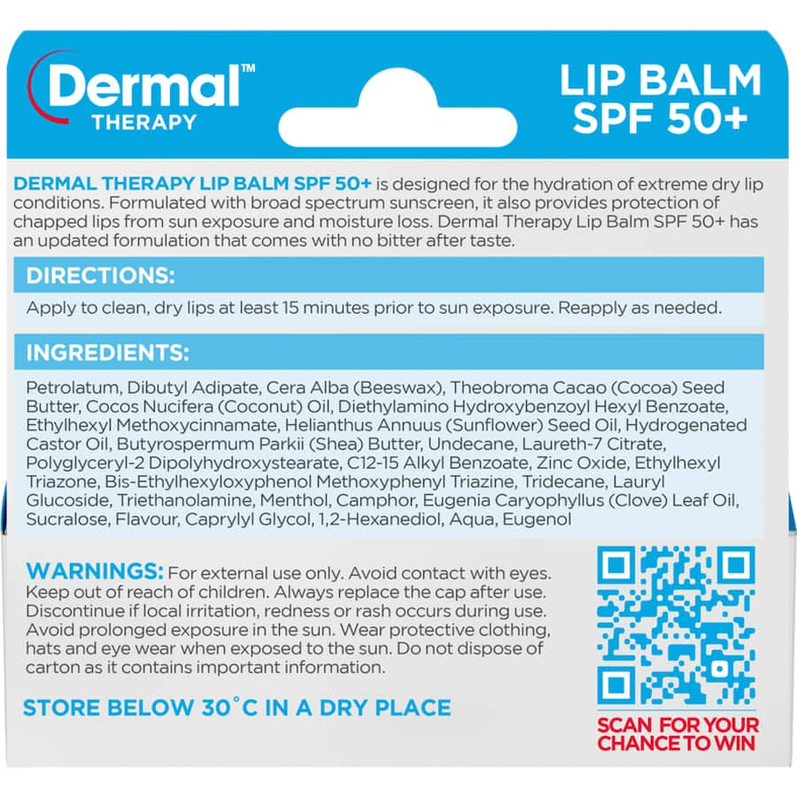 Dermal Therapy Lip Balm SPF 50+ provides intense hydration and sun protection for chapped lips, ideal for outdoor use.