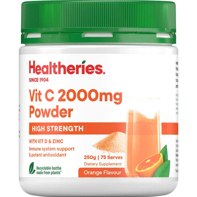 Healtheries Vitamin C Powder 2000mg, a vegan-friendly supplement for immune support and overall wellness.