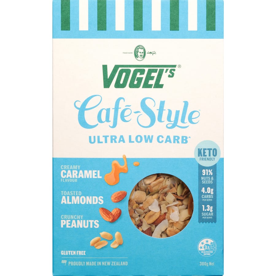 Vogel's Ultra Low Carb Muesli with crunchy nuts, seeds, and whole grains for a nutritious, gluten-free breakfast.