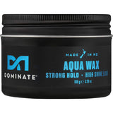 Dominate Hair Product Aqua Wax in a sleek container, featuring nourishing oils for long-lasting hold and high shine.