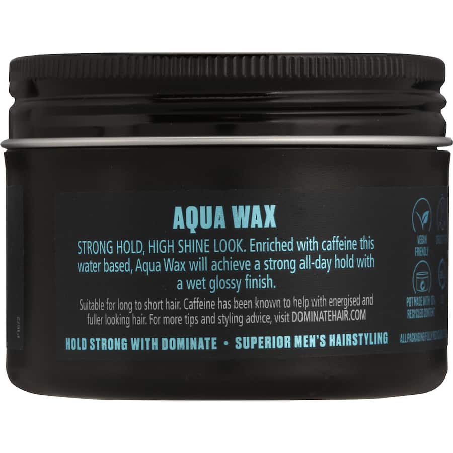 Dominate Hair Product Aqua Wax provides a high-shine finish with long-lasting hold, enriched with coconut and olive oils.