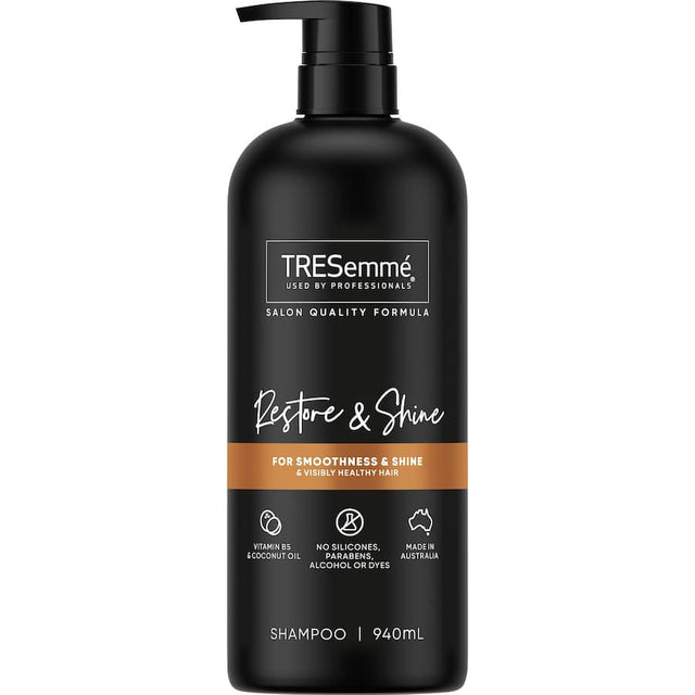 Tresemme Shampoo Restore & Shine: moisturizing formula for dry hair, enriched with Vitamin B5 and coconut oil for shine.