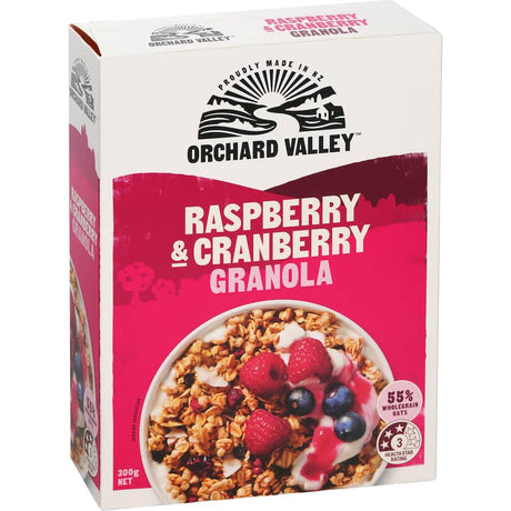 Delicious Orchard Valley Granola with raspberries and cranberries, perfect for breakfast or a healthy snack.