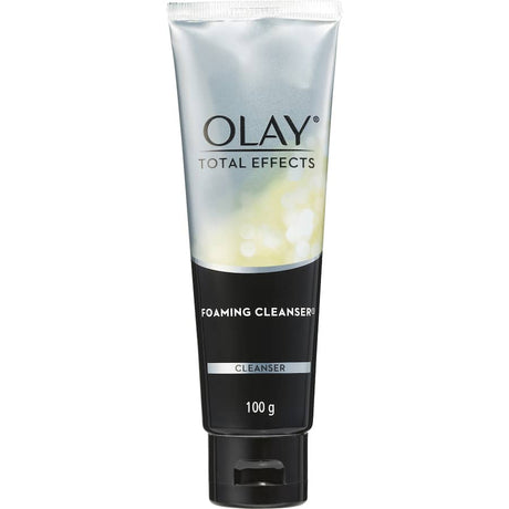 Olay Total Effects Foaming Facial Cleanser with foamy lather, minimizes pores, fine lines, and enhances youthful radiance.