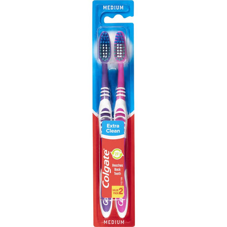 Colgate Extra Clean Toothbrush value pack, featuring medium bristles, tongue cleaner, and eco-friendly recycled handle.
