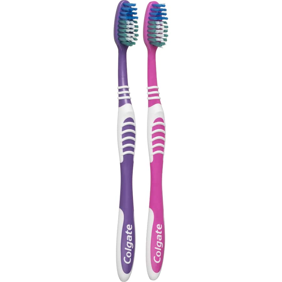 Colgate Extra Clean Toothbrush value pack features medium bristles, a cleaning tip, and a recyclable handle made from 25% recycled plastic.