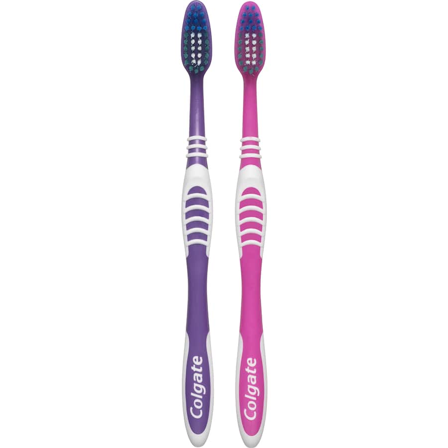 Colgate Extra Clean Toothbrush pack with medium bristles, cleaning tip, and tongue cleaner, made from 25% recycled plastic.