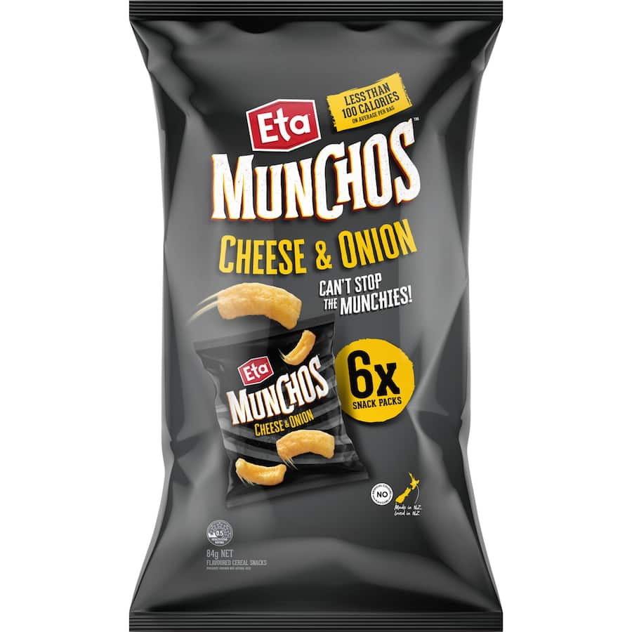 Crunchy Eta Munchos Corn Snacks with savory cheese and zesty onion flavor, perfect for snacking anytime, gluten-free option.