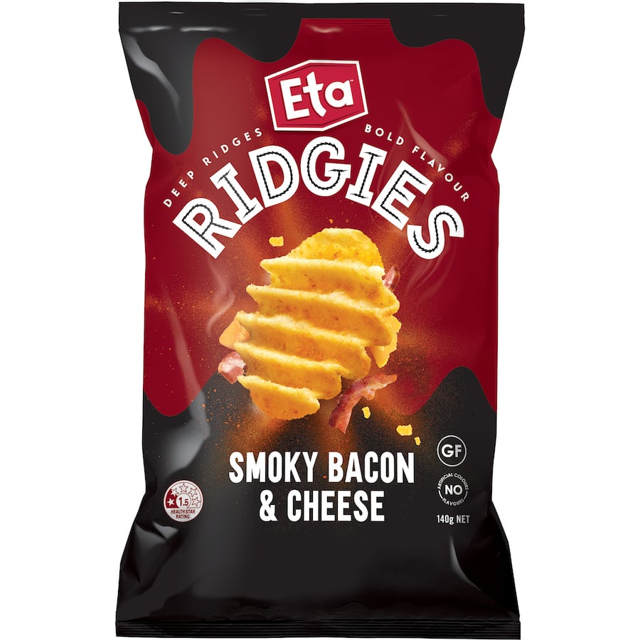 Crunchy Eta Ridgies Potato Chips in Smoky Bacon & Cheese flavor, perfect for snacking or pairing with dips.