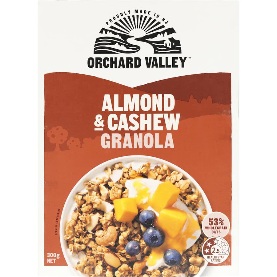 Crunchy Orchard Valley Granola with almonds and cashews, perfect for breakfast or a healthy on-the-go snack.