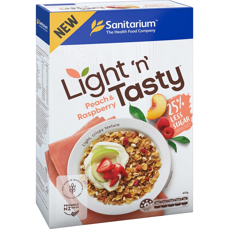 Sanitarium Light N Tasty Muesli with peach and raspberry, featuring whole grains and 25% less sugar for a nutritious breakfast.