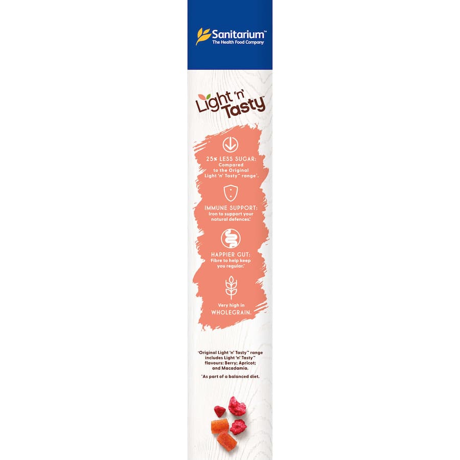 Sanitarium Light N Tasty Muesli Peach Raspberry, a fruity breakfast blend with whole grains, cornflakes, and reduced sugar.