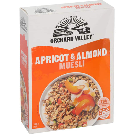 Orchard Valley Muesli with apricots and almonds, offering a nutritious blend of chewy fruits and crunchy nuts for a healthy snack.