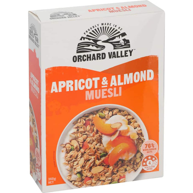 Orchard Valley Muesli with apricots and almonds, offering a nutritious blend of chewy fruits and crunchy nuts for a healthy snack.