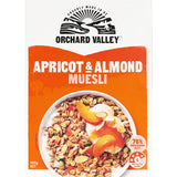 Orchard Valley Muesli with apricot and almond, featuring chewy apricots and crunchy almonds for a nutritious breakfast or snack.