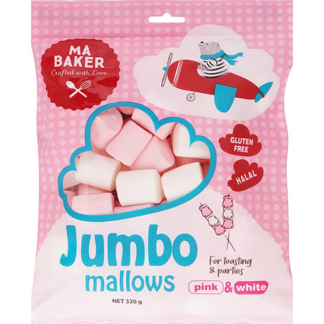 Soft and fluffy Ma Baker Jumbo Mallows, perfect for snacking, toasting, and elevating desserts.