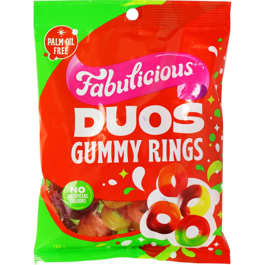 Colorful RJ's Fabulicious Sweets Duos Gummy Rings featuring raspberry, pineapple, blackcurrant, orange, and watermelon flavors.