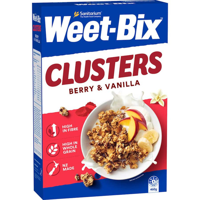 Sanitarium Weet-Bix Cluster Berry Vanilla features crunchy clusters with real berries and vanilla for a nutritious breakfast option.