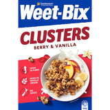 Sanitarium Weet-Bix Cluster Berry Vanilla: wholesome cereal with berry and vanilla clusters, rich in fiber and whole grains.