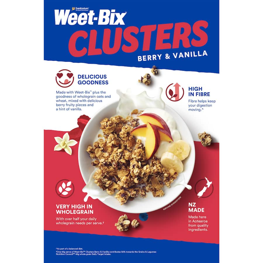 A box of Sanitarium Weet-Bix Cluster Berry Vanilla cereal featuring berry and vanilla clusters for a nutritious breakfast.