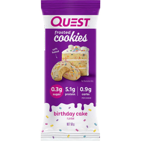 Delicious Quest Frosted Cookies in Birthday Cake flavor, protein-packed and gluten-free for guilt-free indulgence.