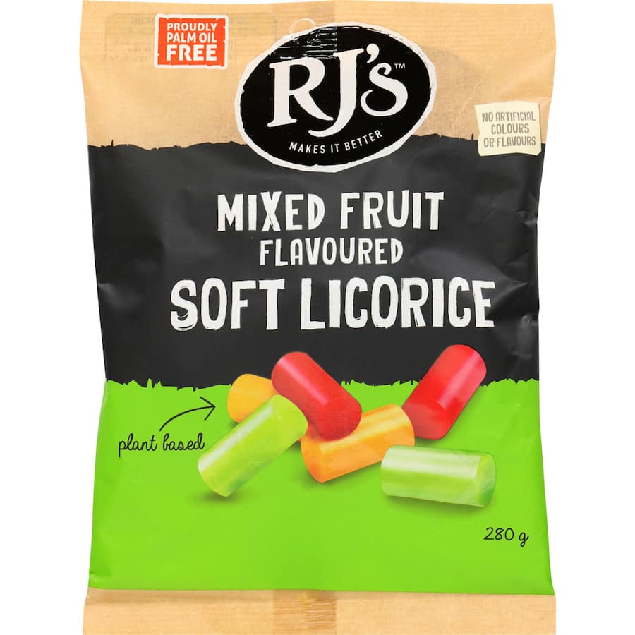 Colorful bag of Rj's Sweets Soft Licorice Mixed Fruit featuring Green Apple, Mango, and Strawberry flavors, plant-based and chewy.