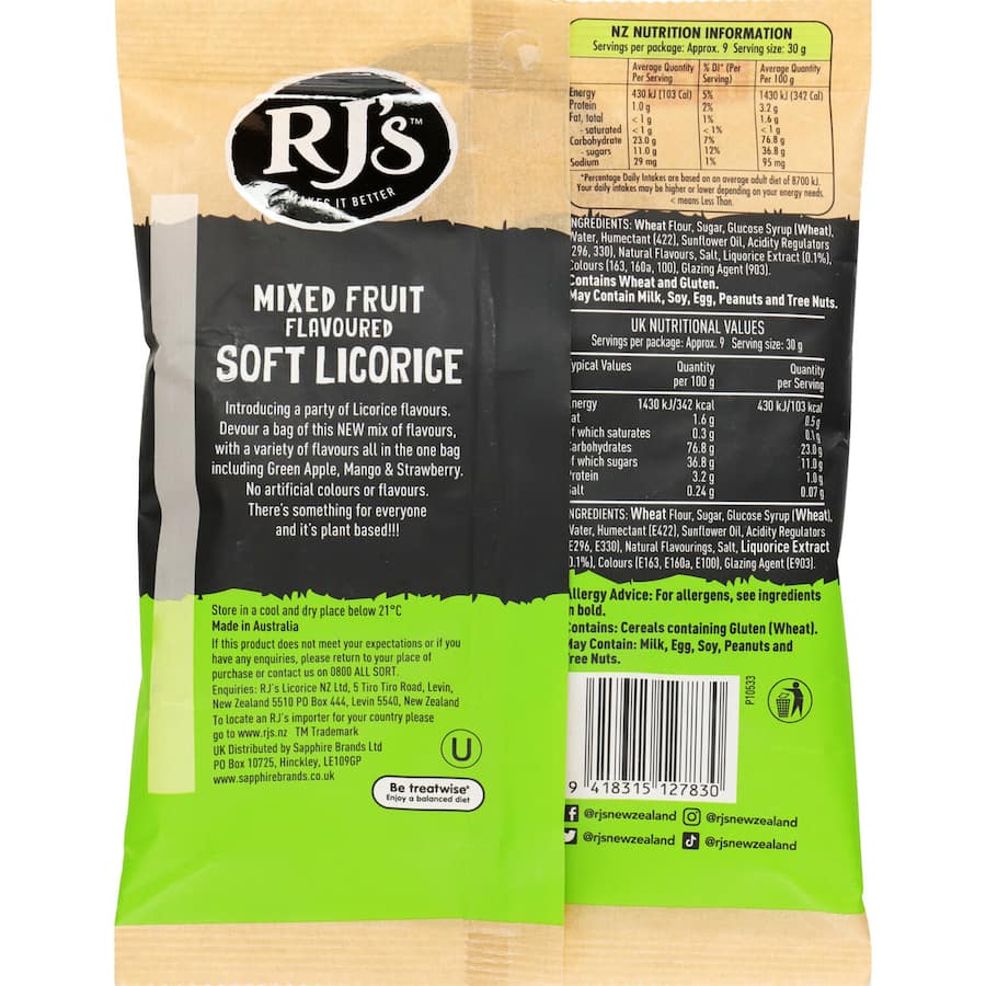 Colorful bag of Rj's Sweets Soft Licorice Mixed Fruit with Green Apple, Mango, and Strawberry flavors, plant-based treat.