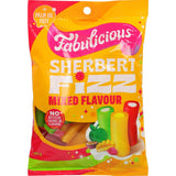 Assorted tubes of Rj's Fabulicious Sherbert Fizz sweets packed with fizzy centers and fruity flavors like apple and raspberry.