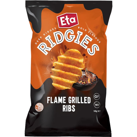 Crunchy Eta Ridgies Chips with a smoky flame-grilled rib flavor, perfect for savory snacking anytime.