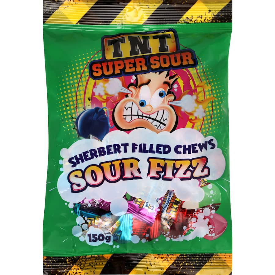 Vibrant, colorful Tnt Super Sour Sweets chews with a fizzy sherbet flavor, perfect for sour candy lovers and sharing.