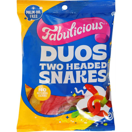 Colorful gummy snakes with two heads showcasing unique flavor combinations, perfect for fun snacking and sharing.